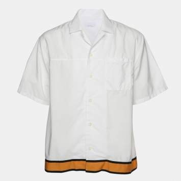 Pre Owned Prada White Cotton Contrast Striped Bottom Button Front Shirt M