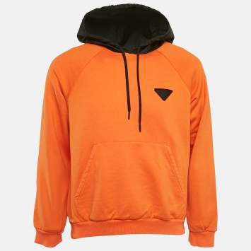 Pre Owned Prada Orange/Black Cotton Knit Hooded Sweatshirt M