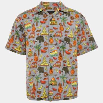 Pre Owned Prada Grey/Multicolor Printed Cotton Bowling Shirt M