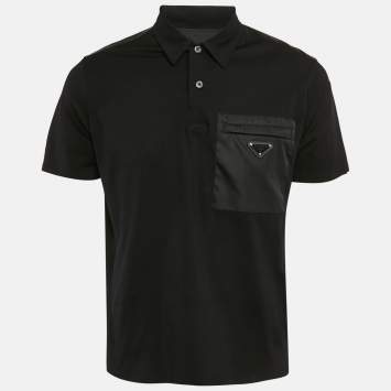 Pre Owned Prada Black Jersey and Re-Nylon Patch Pocket Detail Polo T-Shirt L