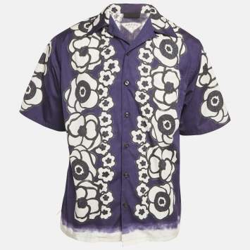 Prada Blue Floral Print Cotton Short Sleeve Shirt M