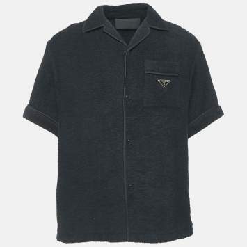 Pre Owned Prada Blue Terry Cotton Logo Detail Bowling Shirt L