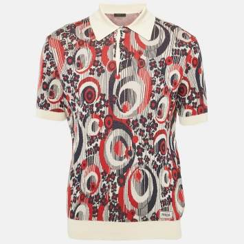 Prada Multicolor Cotton and Silk Jacquard Knit Polo T-Shirt L