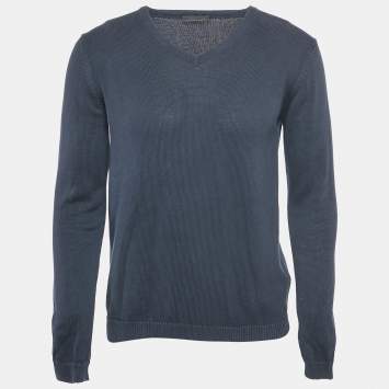 Prada Navy Blue Cotton V-Neck Jumper M 
