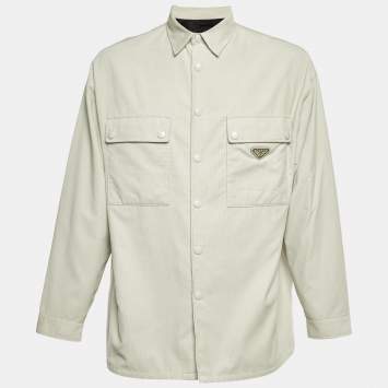 Prada Cream Corduroy Triangle Logo Pinwale Shirt M