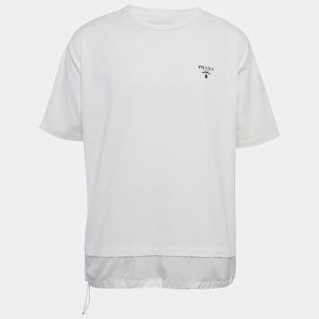 Pre Owned Prada White Logo Print Nylon Trim Jersey T-Shirt XL 