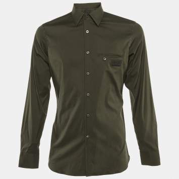 Pre Owned Prada Olive Green Cotton Blend Logo Detail Full Sleeve Shirt M
