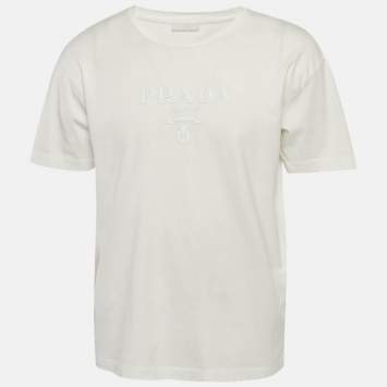 Pre Owned Prada White Cotton Knit Logo Detail T-Shirt L