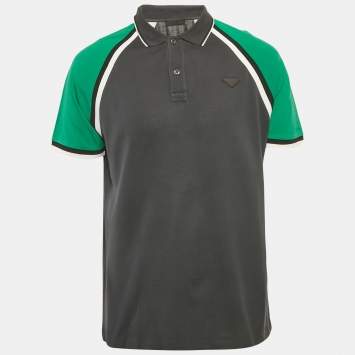 Pre Owned Prada Grey Cotton Raglan Sleeve Polo T-Shirt L