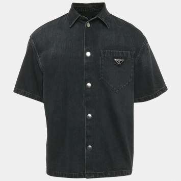 مملوكة مسبقًا Prada Black Faded Denim Logo Plaque Short Sleeve Shirt XS