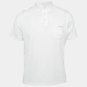 Pre Owned تي شيرت بولو برادا قطني أبيض بتفاصيل الشعار مقاس كبير