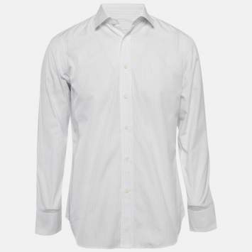 Pre Owned Prada White/Blue Pinstriped Poplin Shirt L