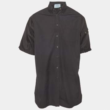 Pre Owned Prada Black Cotton Triangle Logo Short Sleeve Shirt XS