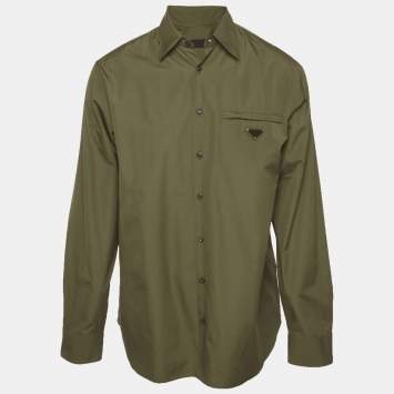 Pre Owned Prada Olive Green Cotton Logo Plague Shirt M
