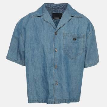 مملوكة مسبقًا Prada Blue Triangle Logo Detail Chambray Oversized Shirt M