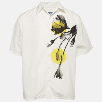 Pre Owned Prada White Printed Cotton Short Sleeve Shirt XXL 