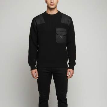 Pre Owned Prada Re-Nylon Black Logo Plague Detail Knitted Crewneck Sweater L