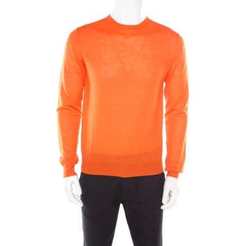 Pre Owned Prada Arancio Orange Rib Knit Crew Neck Sweater L