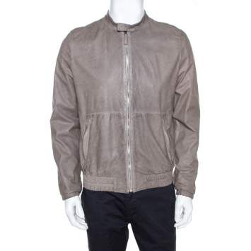 Pre Owned Prada Grey Leather Zip Front Bomber Jacket L