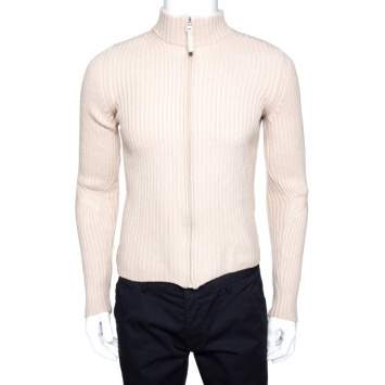 Pre Owned Prada Cream Rib Knit Zip Front Sweater M