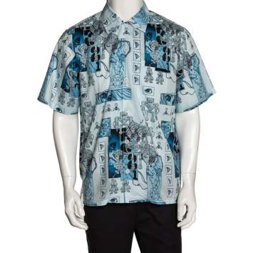Pre Owned Prada Blue Cotton Robot Print Short Sleeve Shirt XL