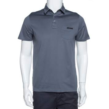 Pre Owned Prada Slate Grey Cotton Pocket Detail Polo T Shirt M
