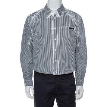 Pre Owned Prada White & Grey Stripe Print Cotton Long Sleeve Shirt XXL