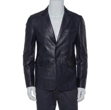 Pre Owned  Prada Navy Blue Leather Single Breasted Jacket M