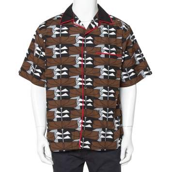 Pre Owned Prada Brown Abstract Printed Cotton Short Sleeve Bowling Shirt XL