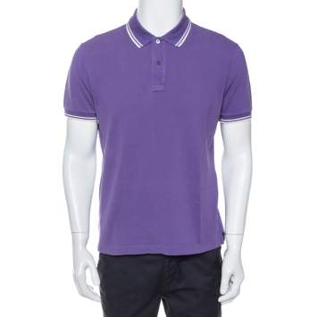 Pre Owned Prada Purple Cotton Pique Striped Trim Detail Polo T-Shirt XL