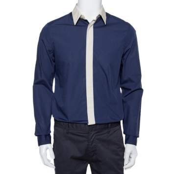 Pre Owned Prada Navy Blue Cotton Contrast Collar & Placket Detail Button Front Shirt L 