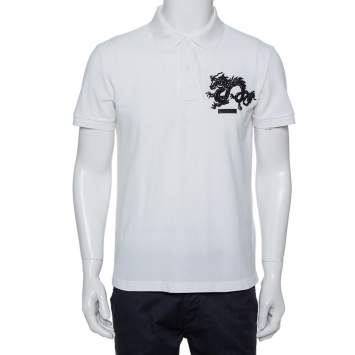 Pre Owned Prada White Cotton Pique Dragon Embroidered Polo T-Shirt XXL