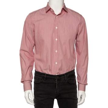 Pre Owned Prada Red Striped Cotton Button Front Shirt M
