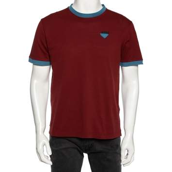 Pre Owned Prada Maroon Cotton Pique Contrast Trimmed Crew Neck T-Shirt M