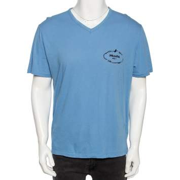 Pre Owned Prada Blue Cotton Embroidered Logo Detail V-Neck T-Shirt XXXL 