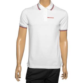 مملوكة مسبقًا Prada White Cotton Pique Striped Trim Detail Polo T-Shirt M