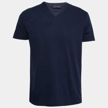 Pre Owned Prada Navy Blue Cotton Short Sleeve V-Neck T-Shirt XL