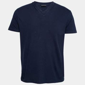 Pre Owned Prada Navy Blue Cotton Short Sleeve V-Neck T-Shirt XL