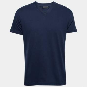 Pre Owned Prada Navy Blue Cotton Short Sleeve V-Neck T-Shirt XL