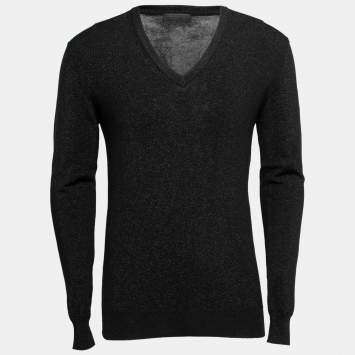 Pre Owned Prada Black Lurex Knit Long Sleeve V Neck Sweater L
