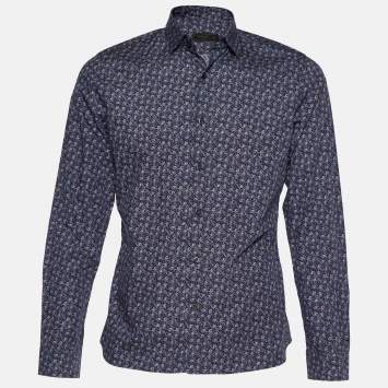 Pre Owned Prada Navy Blue Lion Print Cotton Button Front Shirt M