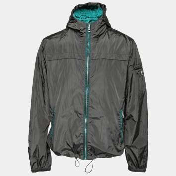 Pre Owned Prada Grey Synthetic Drawstring Detail Hooded Zip Front Jacket XXL