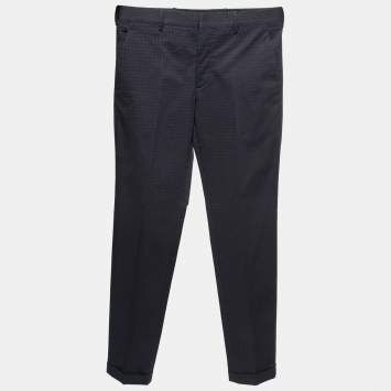 Pre Owned Prada Navy Blue Printed Stretch-Cotton Trousers S