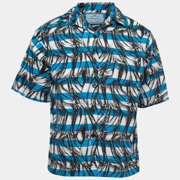 Pre Owned Prada Blue Striped Printed Cotton Short Sleeve Shirt S