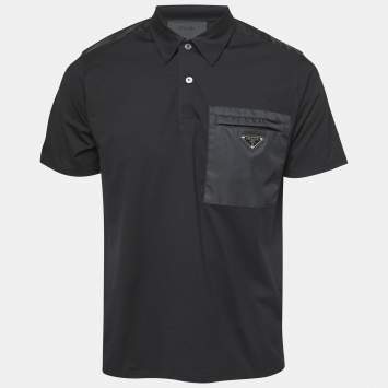 Pre Owned Prada Black Stretch Cotton Nylon Detail Pocket Polo T-Shirt L