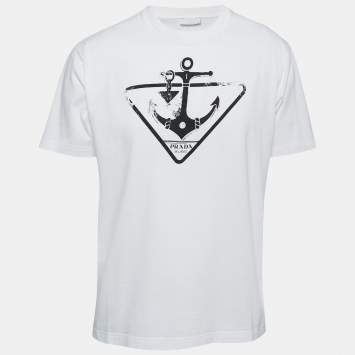 Pre Owned Prada White Anchor Print Cotton Crew Neck T-Shirt L