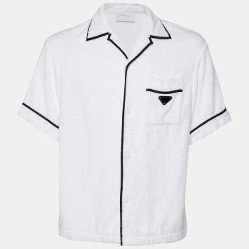 Pre Owned Prada White Cotton Terry Button Front Bowling Shirt M