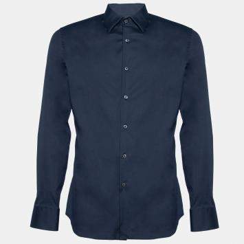 Pre Owned Prada Navy Blue Stretch Cotton Button Front Shirt M