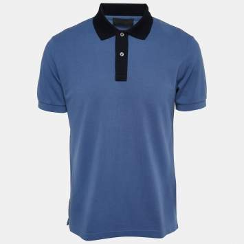 Pre Owned Prada Blue Cotton Pique Contrast Collar Polo T-Shirt L