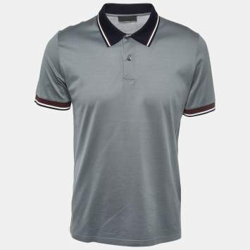 Pre Owned Prada Grey Cotton Contrast Collar Polo T-Shirt L